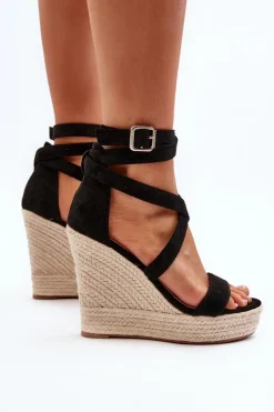 Clearance Boto Sandały Na Koturnie Z Plecionką Czarne Salthe