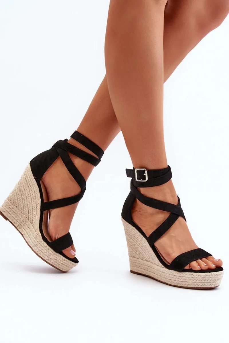 Clearance Boto Sandały Na Koturnie Z Plecionką Czarne Salthe