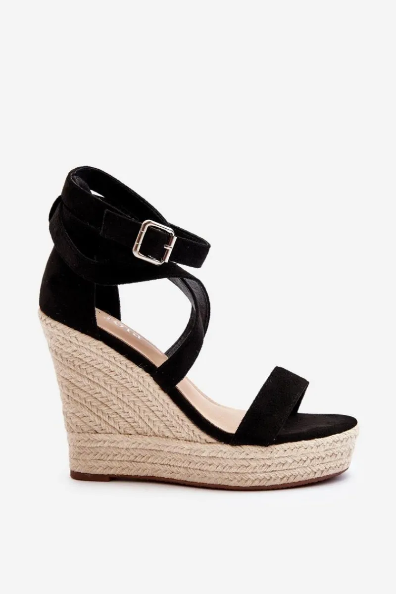 Clearance Boto Sandały Na Koturnie Z Plecionką Czarne Salthe