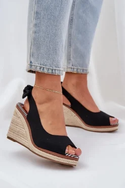 Best Sandały Na Koturnie Z Plecionką Czarne Nanalis Damskie Sandały Na Obcasie|Sandały Na Koturnie