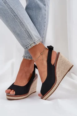Best Sandały Na Koturnie Z Plecionką Czarne Nanalis Damskie Sandały Na Obcasie|Sandały Na Koturnie