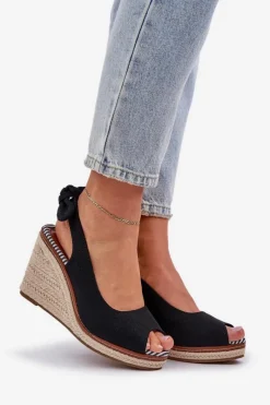 Best Sandały Na Koturnie Z Plecionką Czarne Nanalis Damskie Sandały Na Obcasie|Sandały Na Koturnie