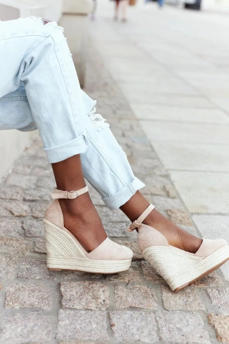 Online Sandały Na Koturnie Z Plecionką Beżowe Avocado Damskie Sandały Na Koturnie