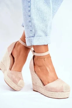 Online Sandały Na Koturnie Z Plecionką Beżowe Avocado Damskie Sandały Na Koturnie