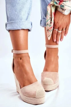 Online Sandały Na Koturnie Z Plecionką Beżowe Avocado Damskie Sandały Na Koturnie