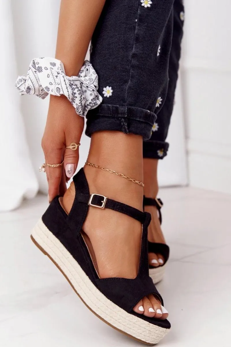 Clearance Sandały Na Koturnie Z Plecionką Czarne Graciosa Damskie Sandały Na Koturnie