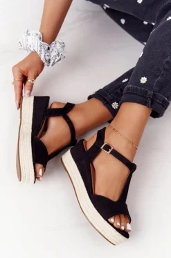 Clearance Sandały Na Koturnie Z Plecionką Czarne Graciosa Damskie Sandały Na Koturnie