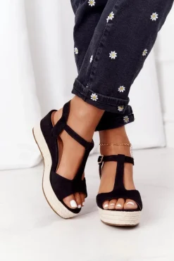 Clearance Sandały Na Koturnie Z Plecionką Czarne Graciosa Damskie Sandały Na Koturnie