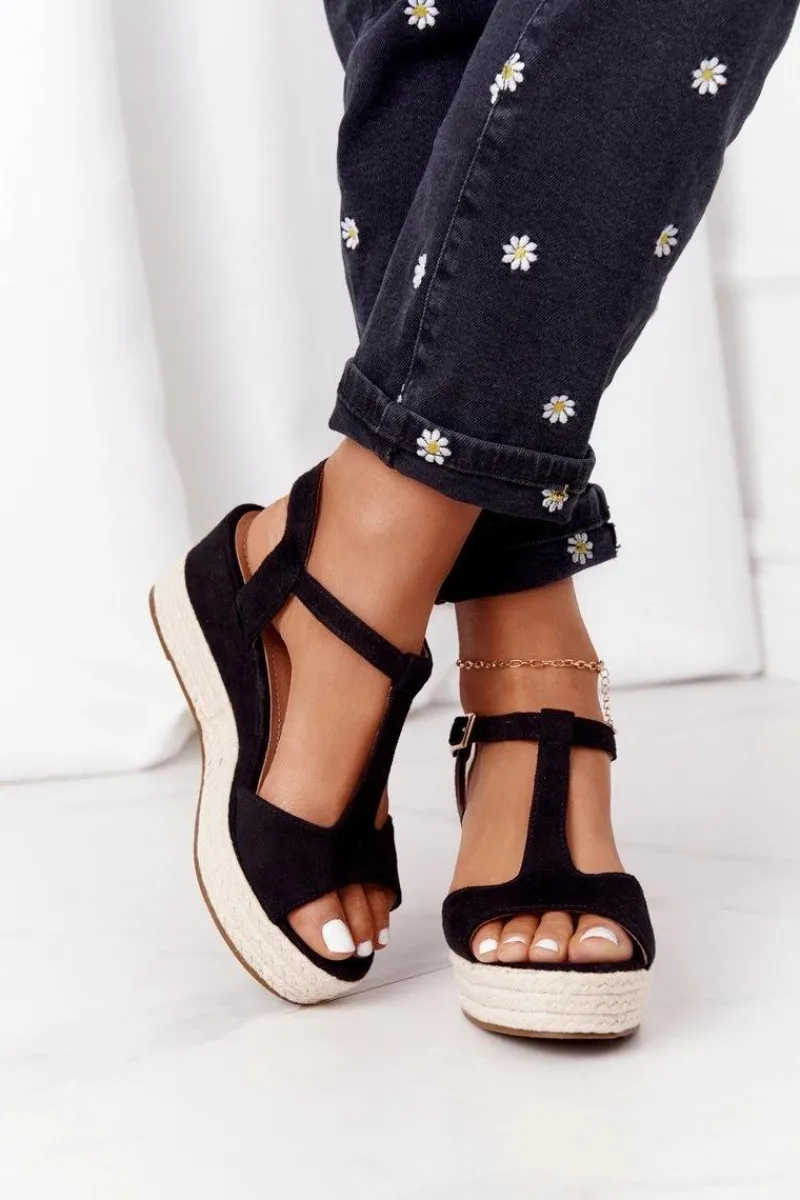 Clearance Sandały Na Koturnie Z Plecionką Czarne Graciosa Damskie Sandały Na Koturnie