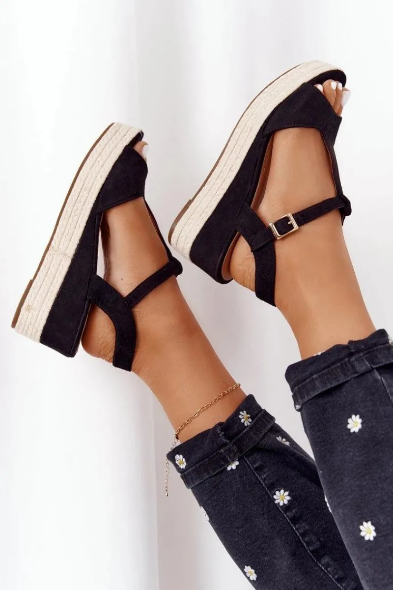 Clearance Sandały Na Koturnie Z Plecionką Czarne Graciosa Damskie Sandały Na Koturnie