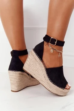 Clearance Sandały Na Koturnie Z Plecionką Czarne Makenna Damskie Sandały Na Koturnie