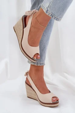 Online Boto Sandały Na Koturnie Z Plecionką Beżowe Nanalis