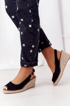 Clearance Boto Sandały Na Koturnie Z Plecionką Czarne Las Palomas