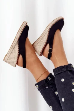 Clearance Boto Sandały Na Koturnie Z Plecionką Czarne Las Palomas