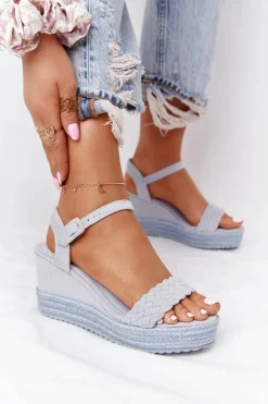 Outlet Boto Sandały Na Koturnie Z Plecionką Błękitne Baleary