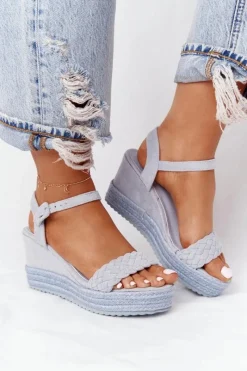 Outlet Boto Sandały Na Koturnie Z Plecionką Błękitne Baleary