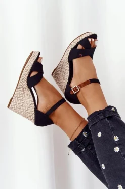 Sale Boto Sandały Na Koturnie Z Plecionką Czarne Lobos