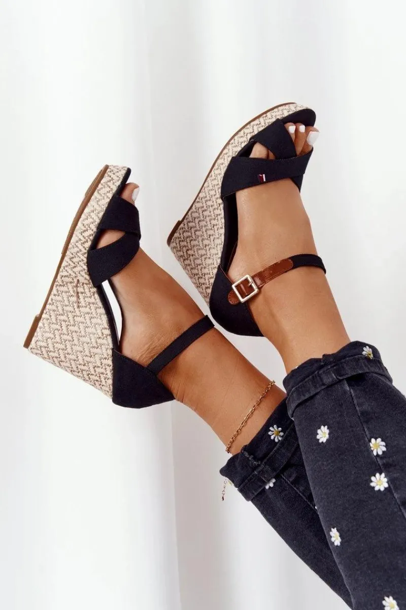 Sale Boto Sandały Na Koturnie Z Plecionką Czarne Lobos