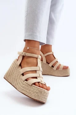Hot Sandały Na Koturnie Z Plecionką Beżowe Gnosis Damskie Sandały Na Koturnie