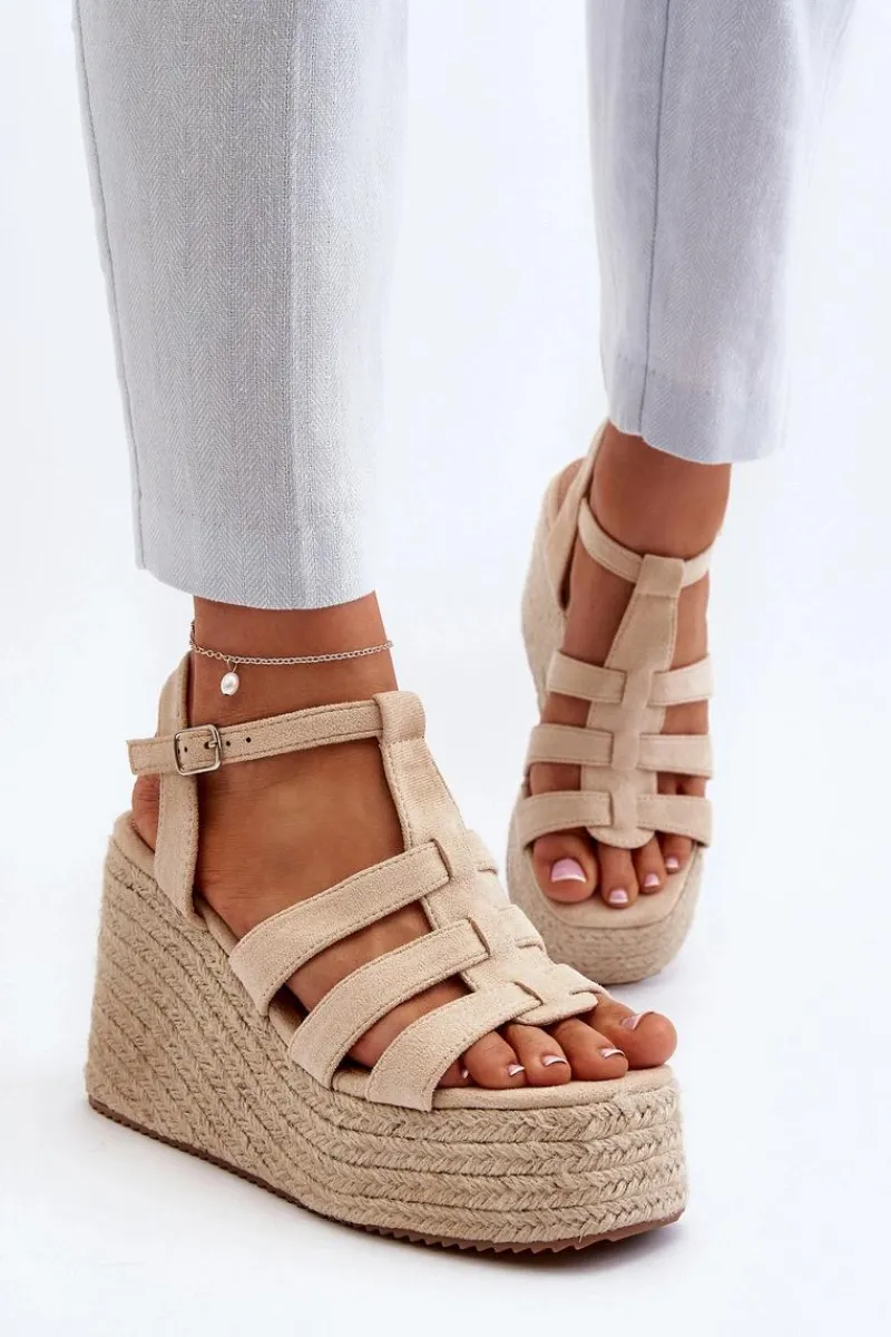 Hot Sandały Na Koturnie Z Plecionką Beżowe Gnosis Damskie Sandały Na Koturnie