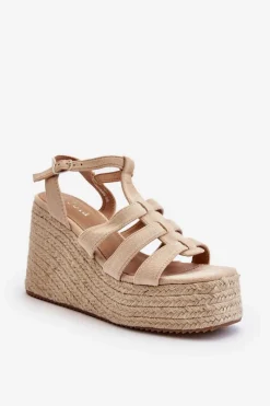 Hot Sandały Na Koturnie Z Plecionką Beżowe Gnosis Damskie Sandały Na Koturnie