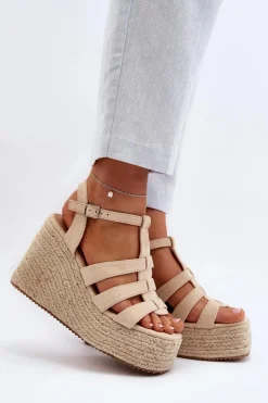 Hot Sandały Na Koturnie Z Plecionką Beżowe Gnosis Damskie Sandały Na Koturnie