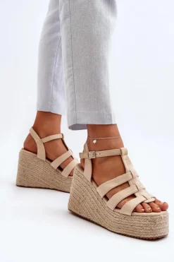 Hot Sandały Na Koturnie Z Plecionką Beżowe Gnosis Damskie Sandały Na Koturnie