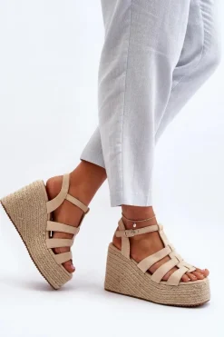Hot Sandały Na Koturnie Z Plecionką Beżowe Gnosis Damskie Sandały Na Koturnie