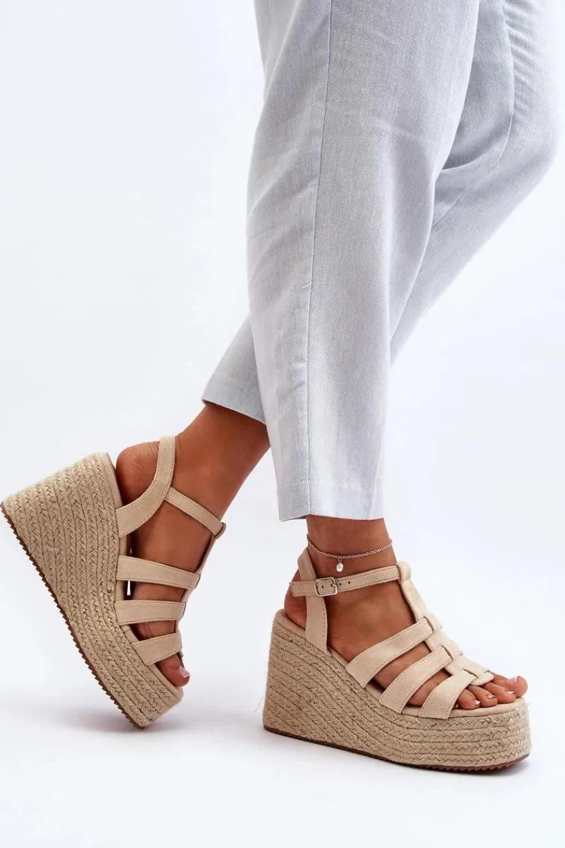 Hot Sandały Na Koturnie Z Plecionką Beżowe Gnosis Damskie Sandały Na Koturnie
