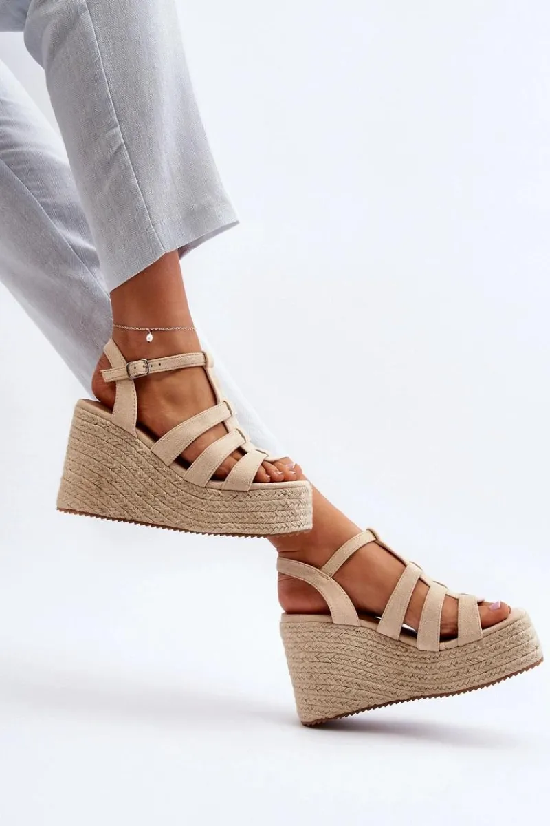 Hot Sandały Na Koturnie Z Plecionką Beżowe Gnosis Damskie Sandały Na Koturnie