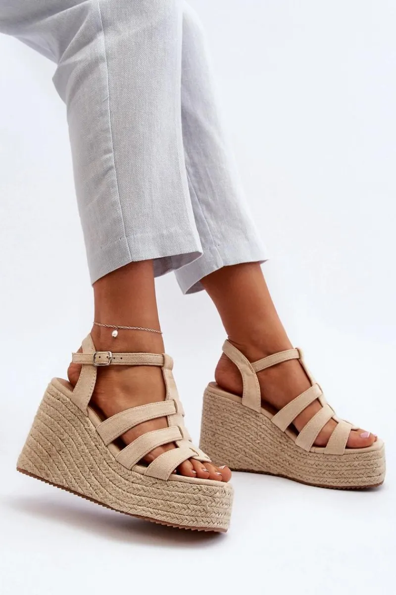 Hot Sandały Na Koturnie Z Plecionką Beżowe Gnosis Damskie Sandały Na Koturnie