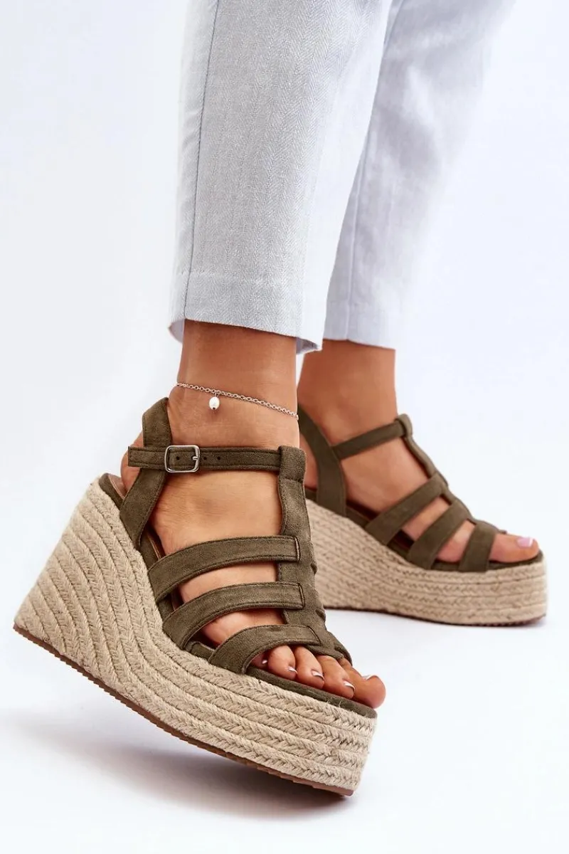 Online Boto Sandały Na Koturnie Z Plecionką Zielone Gnosis