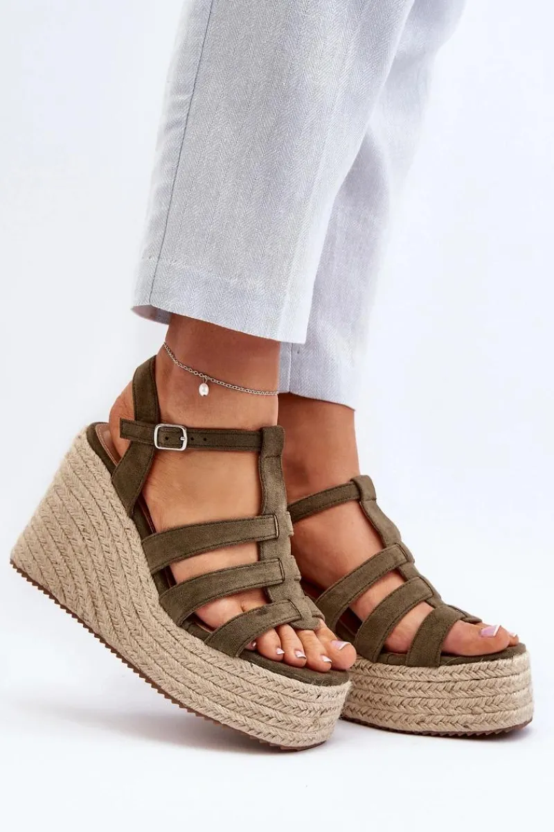 Online Boto Sandały Na Koturnie Z Plecionką Zielone Gnosis