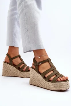 Online Boto Sandały Na Koturnie Z Plecionką Zielone Gnosis