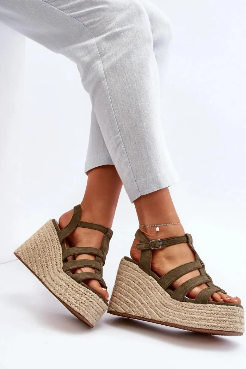 Online Boto Sandały Na Koturnie Z Plecionką Zielone Gnosis