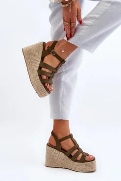 Online Boto Sandały Na Koturnie Z Plecionką Zielone Gnosis