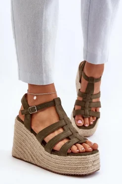 Online Boto Sandały Na Koturnie Z Plecionką Zielone Gnosis