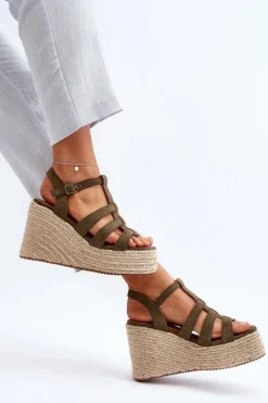 Online Boto Sandały Na Koturnie Z Plecionką Zielone Gnosis