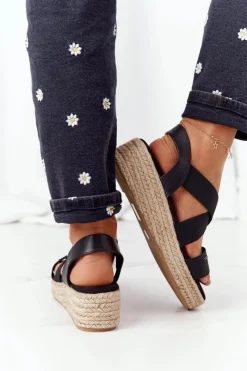 Online Sandały Na Koturnie Ze Ściągaczem Big Star HH274411 Czarne Damskie Sandały Big Star|Sandały Na Koturnie