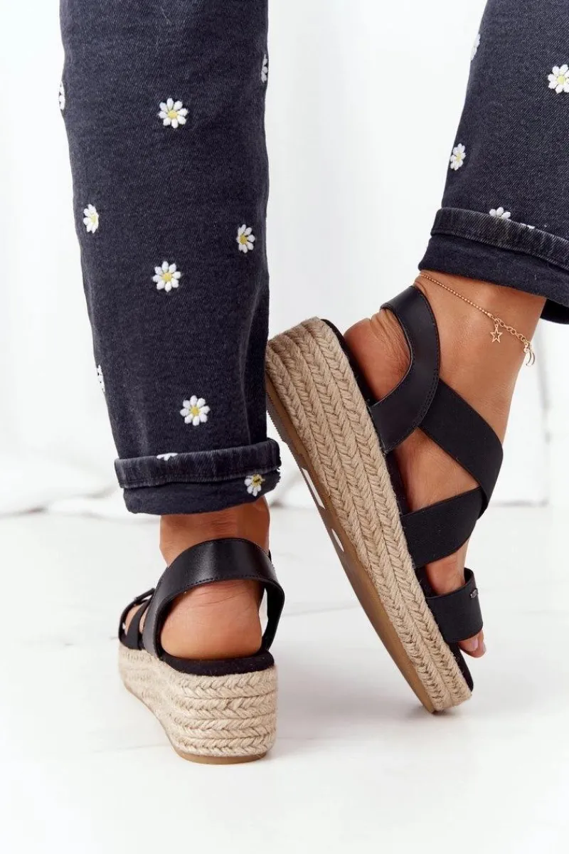 Online Sandały Na Koturnie Ze Ściągaczem Big Star HH274411 Czarne Damskie Sandały Big Star|Sandały Na Koturnie