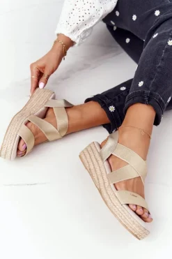 Sale Big Star Shoes Sandały Na Koturnie Ze Ściągaczem Big Star HH274414 Złote