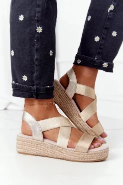 Sale Big Star Shoes Sandały Na Koturnie Ze Ściągaczem Big Star HH274414 Złote