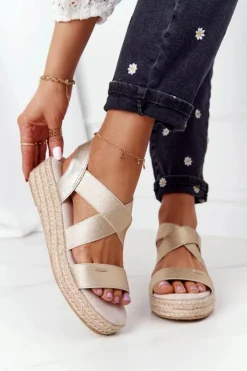 Sale Big Star Shoes Sandały Na Koturnie Ze Ściągaczem Big Star HH274414 Złote