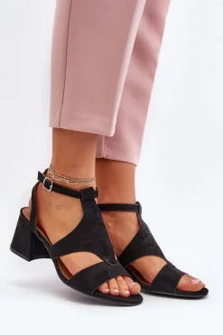 Sale Sandały Na Niskim Obcasie Czarne Eleriva Damskie Sandały Na Obcasie