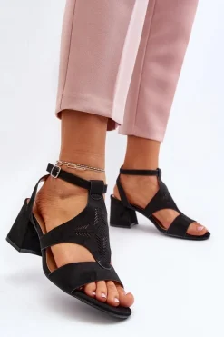 Sale Sandały Na Niskim Obcasie Czarne Eleriva Damskie Sandały Na Obcasie
