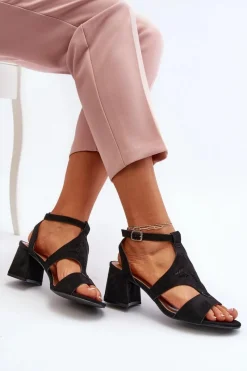 Sale Sandały Na Niskim Obcasie Czarne Eleriva Damskie Sandały Na Obcasie