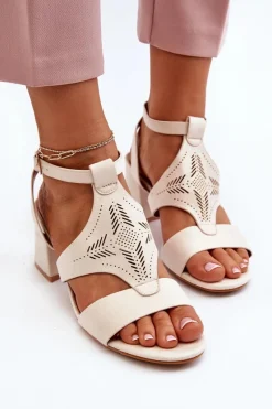 Sale Sandały Na Niskim Obcasie Beżowe Eleriva Damskie Sandały Na Obcasie