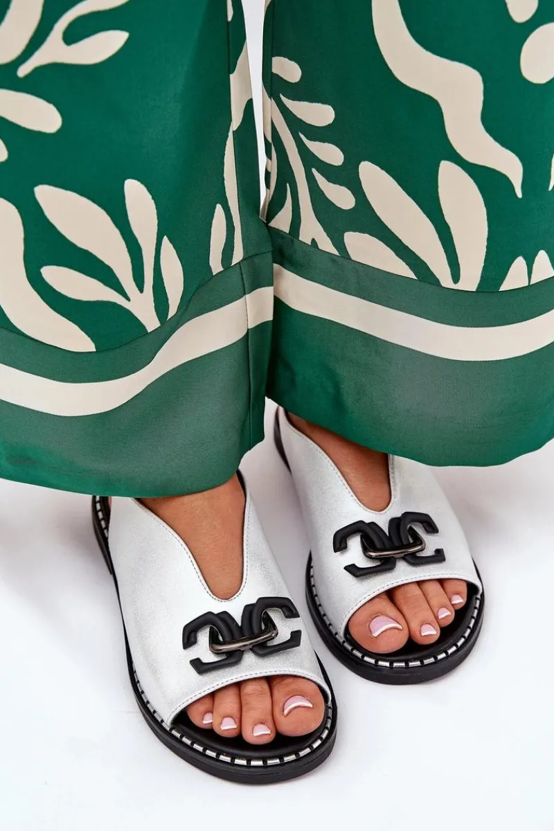 Discount Boto Sandały Na Płaskim Obcasie Z Ozdobą Eko Skóra Srebrne Tillireta Srebrny