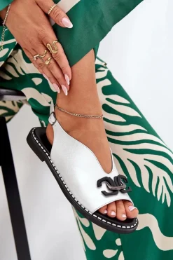 Discount Boto Sandały Na Płaskim Obcasie Z Ozdobą Eko Skóra Srebrne Tillireta Srebrny