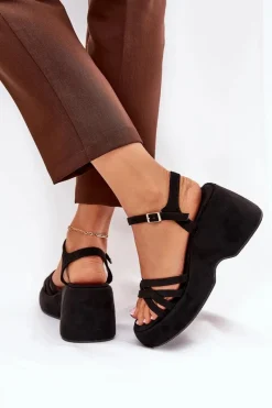 Outlet Boto Sandały Na Platformie I Koturnie Z Eko Zamszu Czarne Nendal Czarny